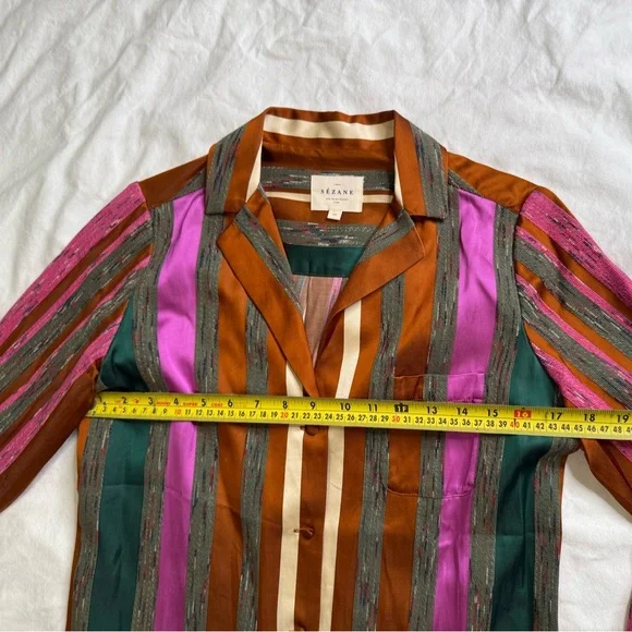 Sézane Multicolor Striped Button Down Blouse Copper Pink Green Parisian Chic S - Picture 9 of 12